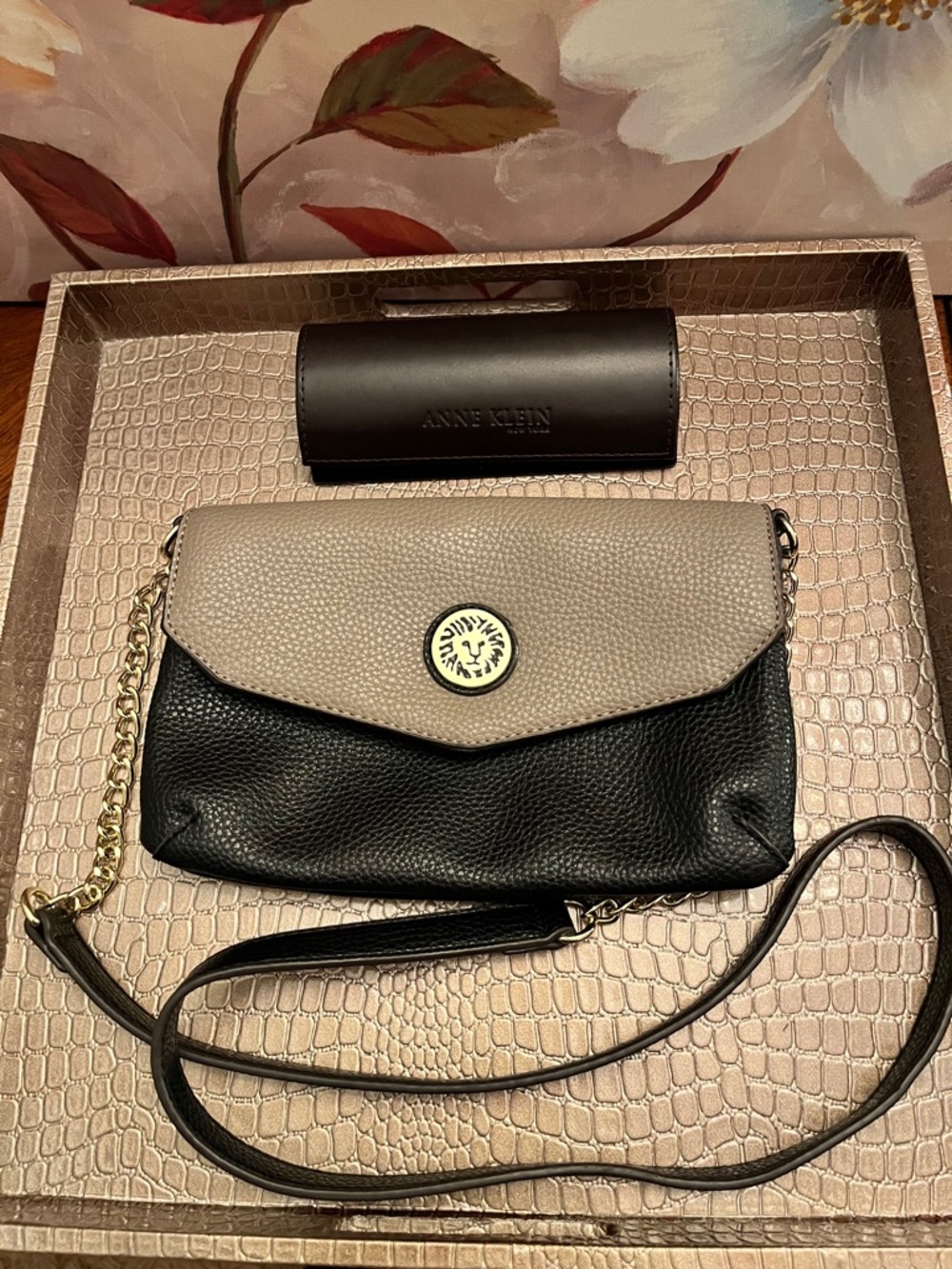 Anne Klein Black & Taupe Pebbled Leather Crossbody w/Gold Chain & Eyeglass Case